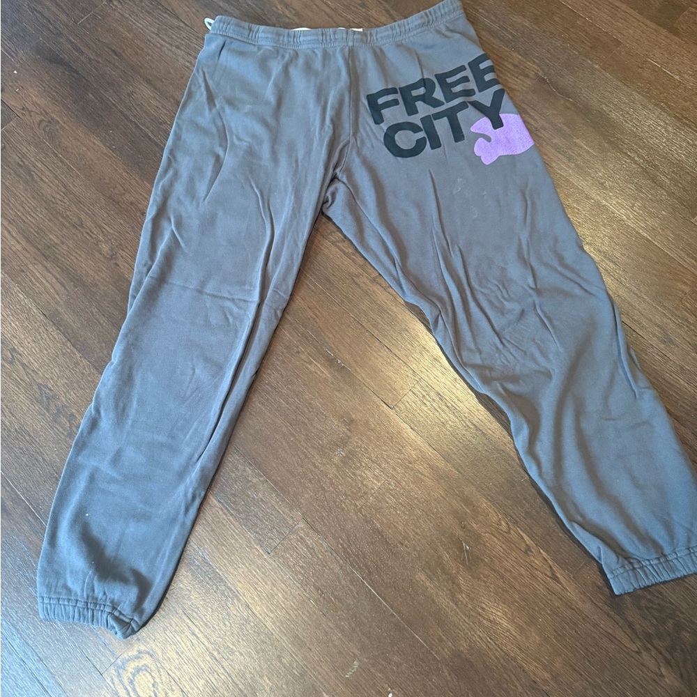 Freecity Gray Ankle Pants with Purple Logo